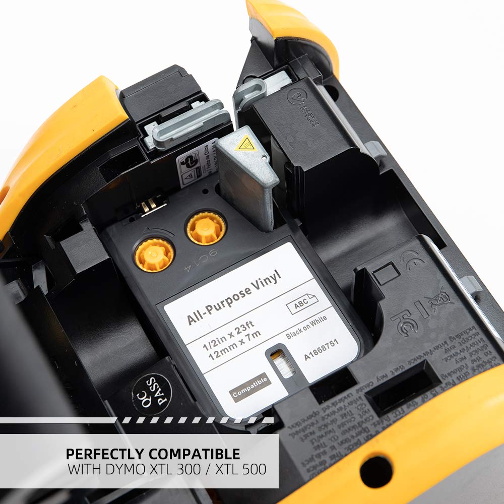 Nastro per Etichette Aken Compatibile con Dymo XTL 1868751 12mm | Etichetta in Vinile, 12mm x 7m, Nero su Bianco, Compatibile con Dymo XTL 300 500 XTL All-Purpose Vinyl