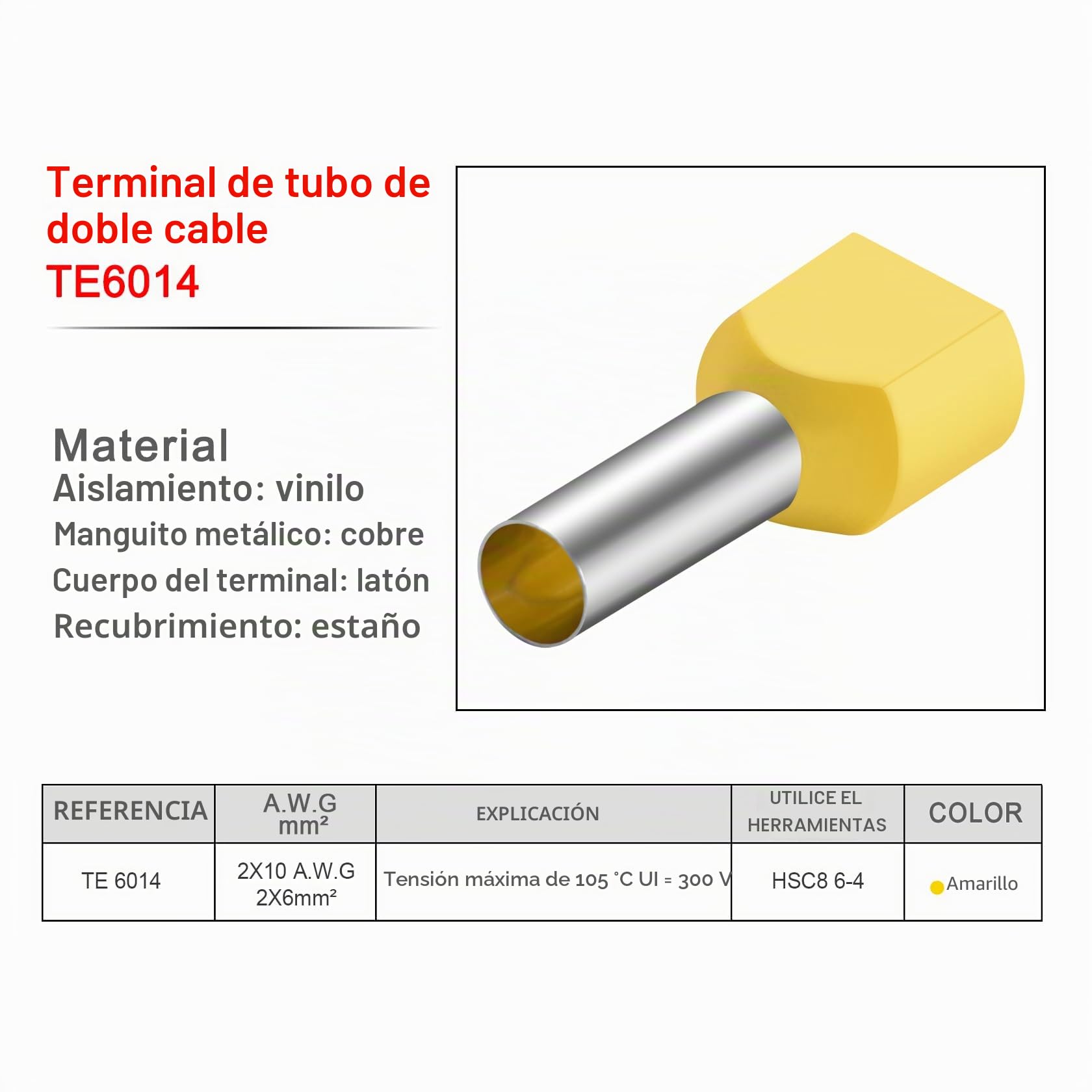 Heschen Terminales de crimpar, TE6014, AWG10*2/2 * 6mm², Terminales para cables gemelos, Terminales para cables gemelos, Longitud 14 mm, Amarillo, Paquete de 100