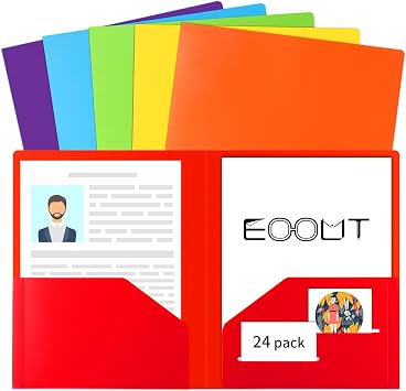 EOOUT 24pcs Folders with Pockets, Plastic Pocket Folders, 2 Pocket Folders with 2 Business Card Holder, 6 Colors, Letter Size, A4 Size, for Office, Teaching, Students and School