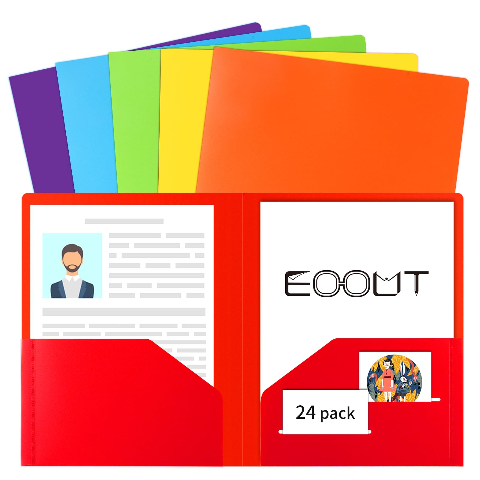 EOOUT 24pcs Plastic Pocket Folder, Heavy Duty Folders for Office and School, Letter Size, 6 Assorted Color with 36pcs Category Labels