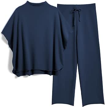 SeeLuNa Lounge Sets for Women Short Sleeve Top Wide Leg Pants Workout Set | Pajamas Set, Mock Neck Shirt, Wide Leg Pants Sets, Hand-cut Raw Hem, Rolled Neck, Cotton Blend