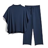 Women's Two Piece Outfits 3/4 Batwing Sleeve Capelet Crew Neck Pullover Top Wide Leg Pants Lounge Set