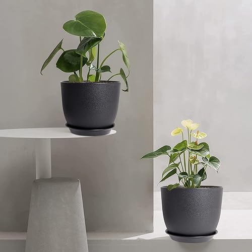 Miniatura 6 de Macetas grandes y modernas, 12109, macetas de plástico con agujeros de drenaje y platillos para plantas de interior y exterior, flores, color negro