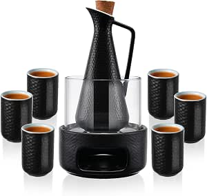 ZENS Sake Set with 6 Cups and Warmer, 13 oz, Black