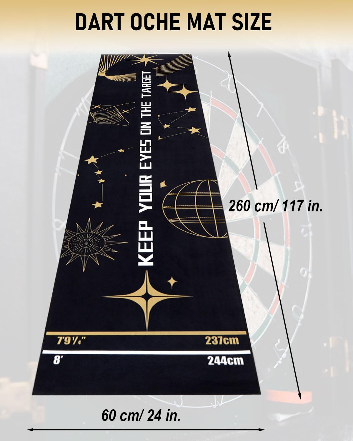 Professioneller Dartteppich mit Oche-System & Abwurflinien – Premium Dartmatte Dart Teppich für Steeldart & Softdarts | 260x60 cm| mit Abwurflinie [Gelb]