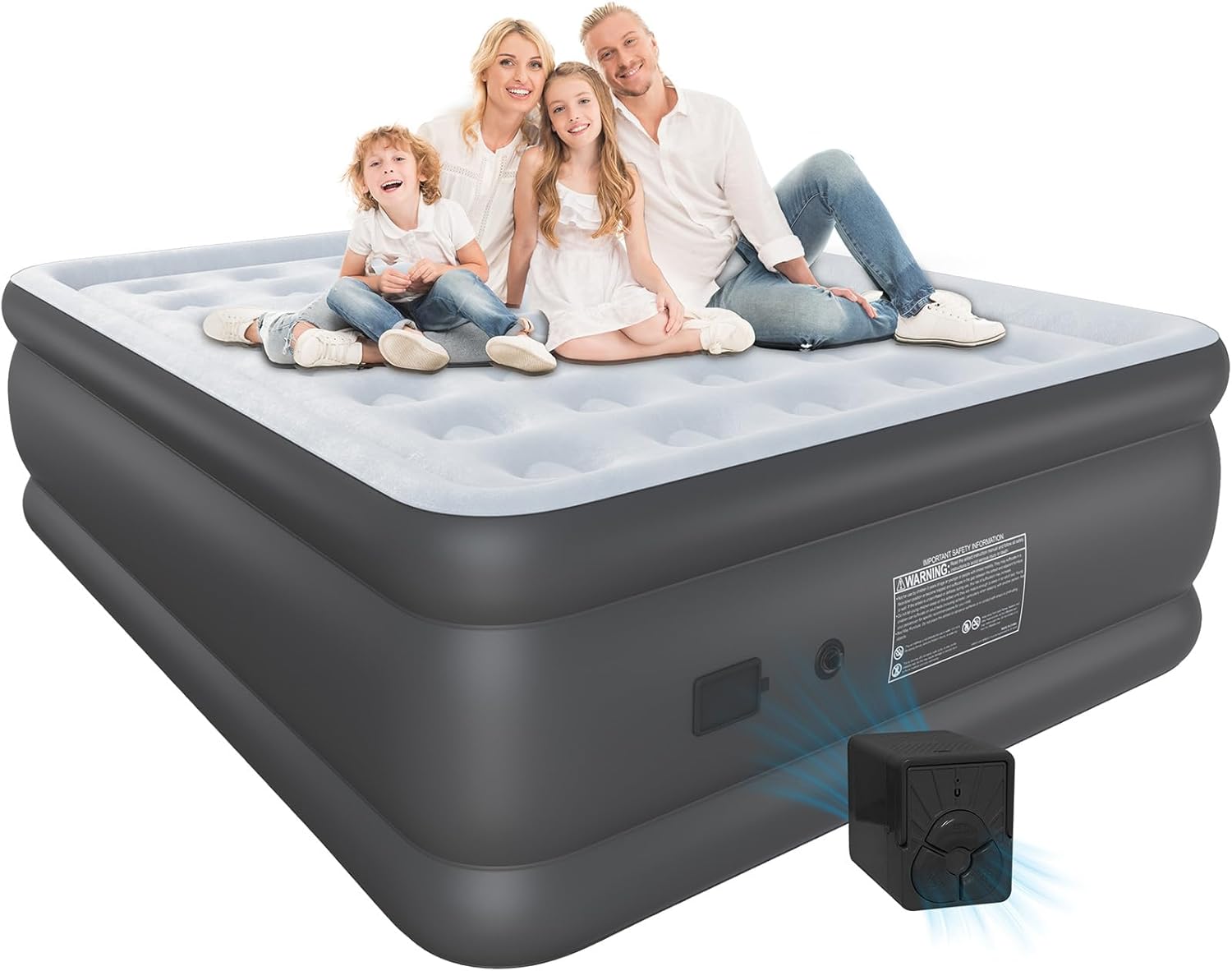 Air Mattress Queen with Built in Wireless Battery Pump,22'' Blow Up Inflatable Air Bed for Camping,Home,Thick Velvet Texture Waterproof,22'' Grey Grey Queen-22"