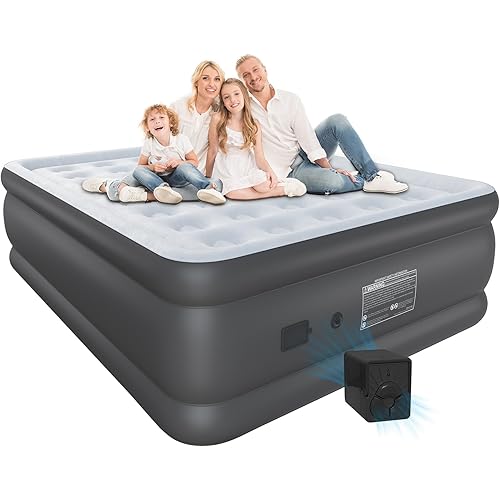 Air Mattress Queen with Built in Wireless Battery Pump,22'' Blow Up Inflatable Air Bed for Camping,Home,Thick Velvet Texture Waterproof,22'' Grey