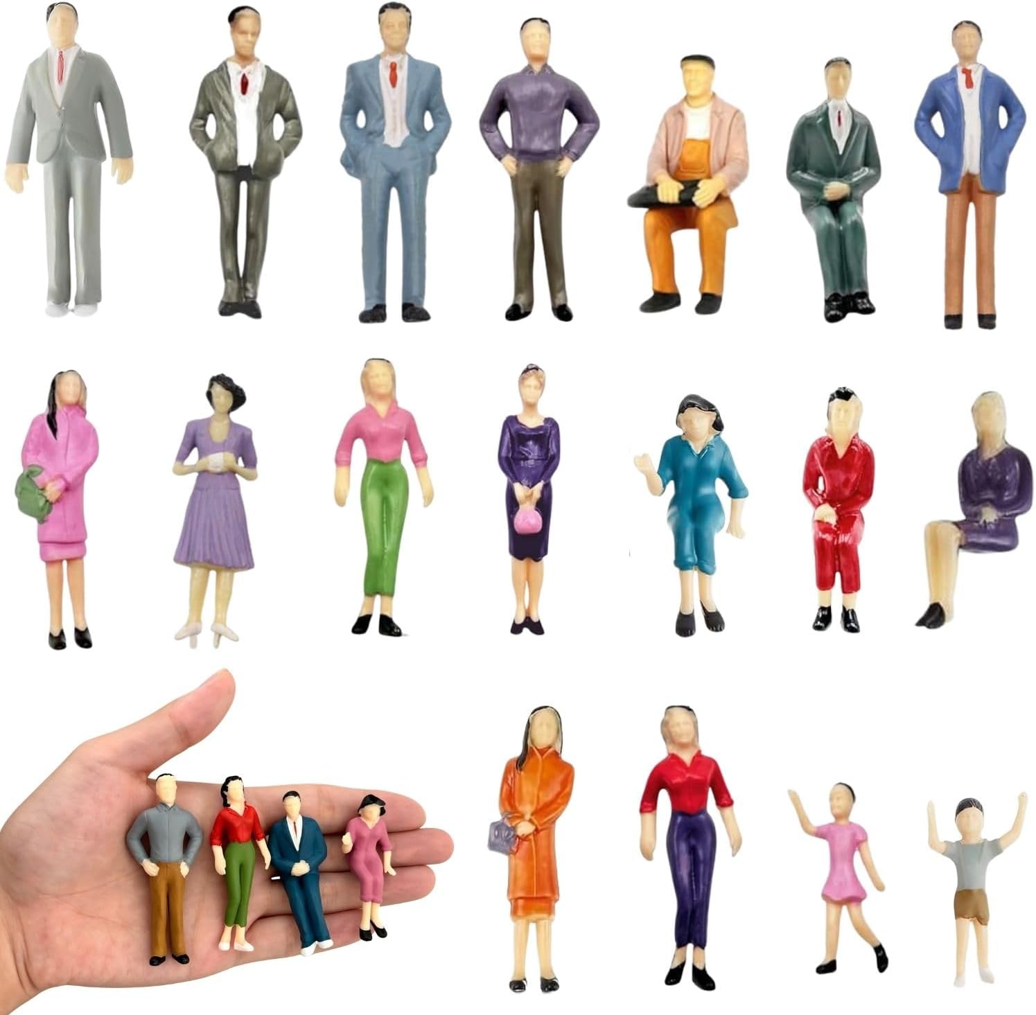20 Pcs 1:25 Scale Mini People Figurines Tiny Painted Plastic Miniature People Sitting Standing Model Trains Architectural Figures for Miniature Scenes Diorama Village