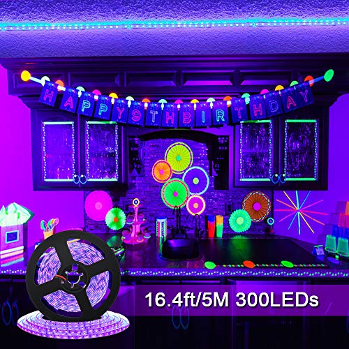 Sunmerit Uv Black Light Led Strip, 16.4Ft 300 Leds, Black Lights For Birthday Halloween Fluorescent Stage, Ultraviolet Fixtures Rope Lighting Decoration Glow In Dark Party, Non-Waterproof 12V #TOP2