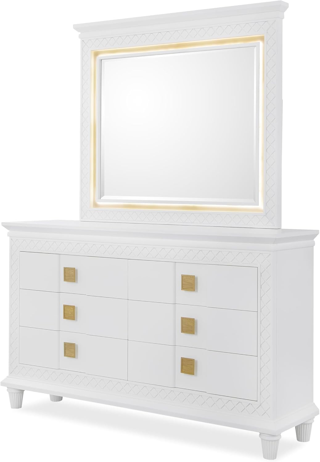 First of a Kind White and Gold 5 Piece Queen Bedroom Set with Illuminated Headboard, Luxury Wood Bedroom Furniture Collection with Coordinated Storage Pieces for Primary Or Guest Rooms