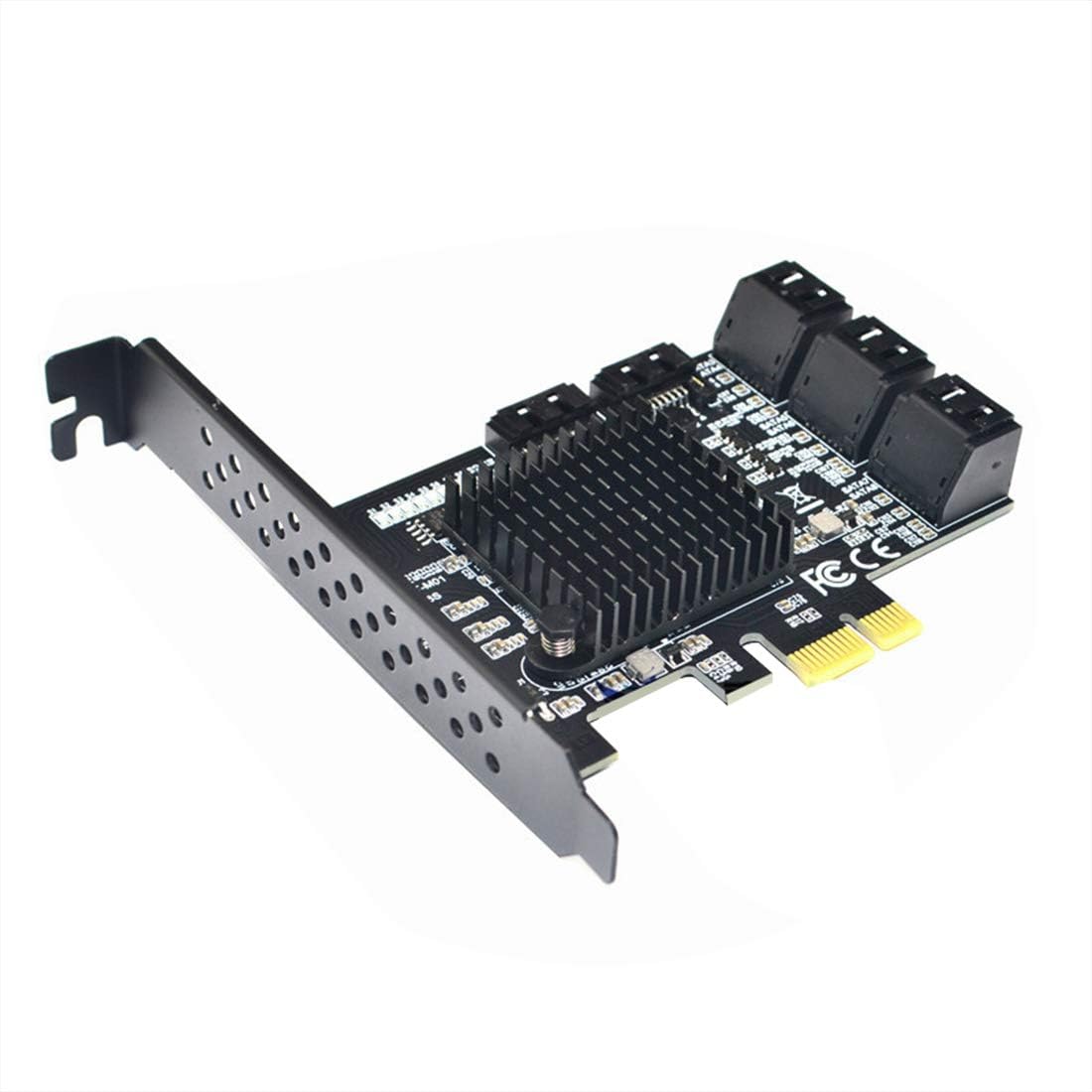 JMT 8 Ports SATA 3.0 to PCIe Expansion Card Adapter Converter with 6 SATA Cables Low Profile Bracket Boot As System Disk for Marvell 88SE9215 Chip with Heat Sink HDD (6*Blue 90 °Cable)