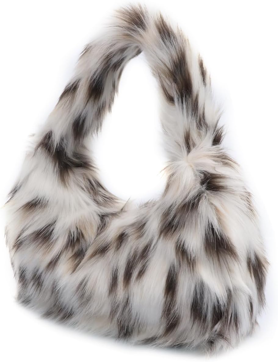 Fluffy Faux Fur Underarm Bag Fuzzy Shoulder Bag for Women Clutch Mini Plush Purse Cow Print Trendy Tote Handbag