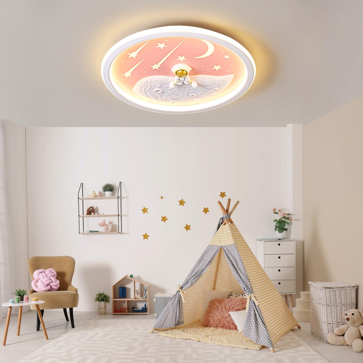 LED Kinder Deckenlampe, Astronaut Mond Deckenleuchte Dimmbar Mit Fernbedienung, Schlafzimmer Decke Kindergarten Beleuchtung Junge Mädchen Kinder Lampen Decke Kinderzimmer Schlafzimmer Lampe, 50cm Rosa