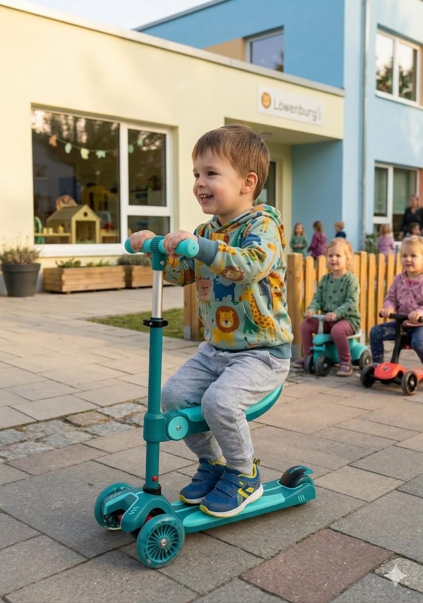 Carromco Trottinette 2 en 1 avec siège, 3 Roues pour Enfants à partir de 3 Ans, réglable en Hauteur, Roues Lumineuses LED, ABEC-5
