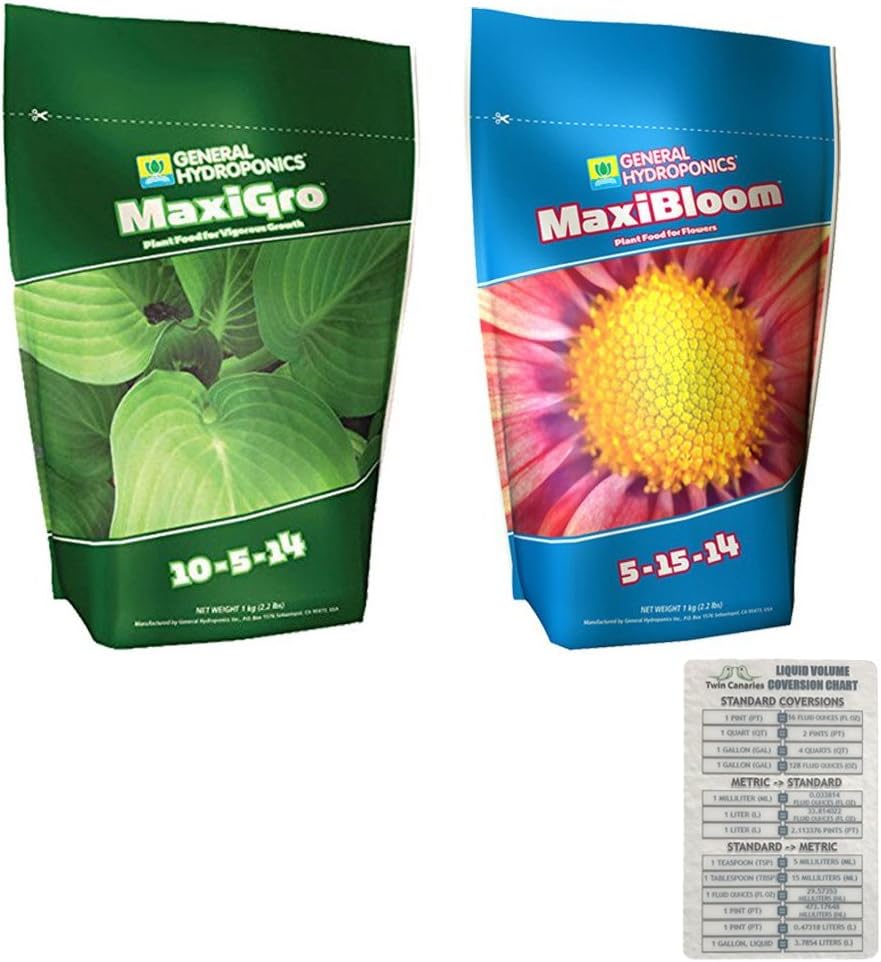 General Hydroponics MaxiGro & MaxiBloom Soluble Nutrient Bundle + Twin Canaries Chart - 2.2 lbs Each
