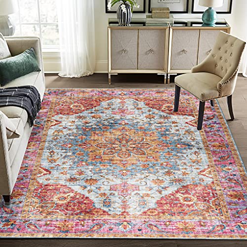 Realife Machine Washable Rug - Stain Resistant, Non-Shed - Eco-Friendly, Non-Slip, Family & Pet Friendly - Premium Recycled Fibers - Distressed Vintage Medallion - Colorful, 3' X 5' #TOP2