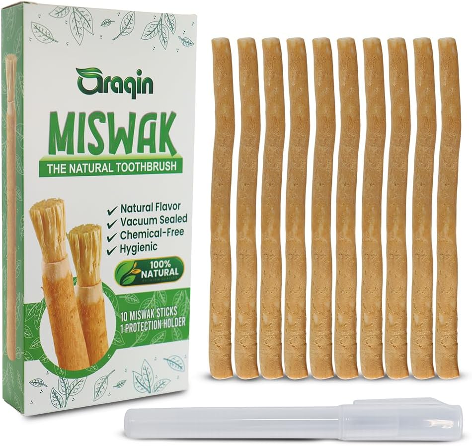 Pack of 10 Miswak Sticks for Teeth with 1 Holder - Natural Toothbrush Stick for Teeth Whitening & Healthy Gums | Vacuum Sealed Sewak Sticks for Teeth | Peelu Miswak Toothbrush 10-Count