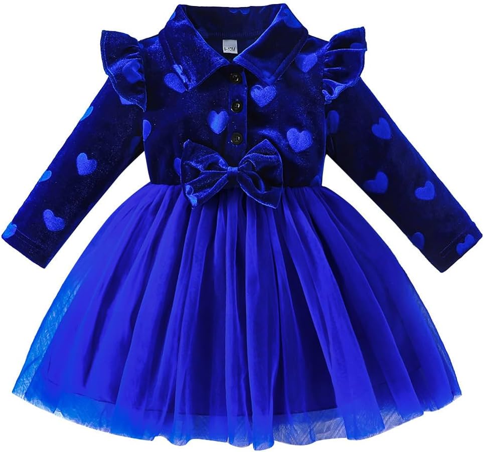 IBAKOM Infant Baby Girl Velvet Tulle Tutu Long Sleeve Heart Print Newborn Valentines Outfits Toddler Christmas Formal Dress