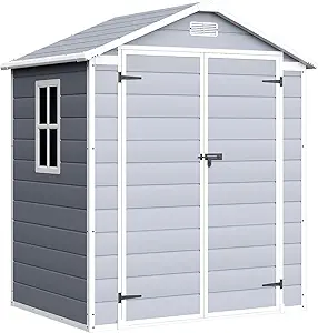 Devoko 6 x 4 FT Plastic Outdoor Storage Shed with Floor, Resin Garden Shed with Window, Waterproof Lockable Door