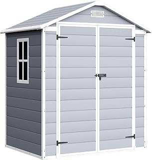 6 x 4 FT Plastic Outdoor Storage Shed with Floor, Resin Garden Shed with Window, Outside Waterproof Tool Shed with Lockable Door for Backyard, Patio, Poolside, Light Grey