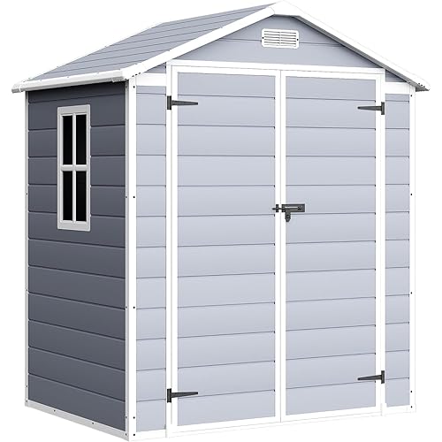 Devoko 6x4 FT Plastic Outdoor Storage Shed, Waterproof Resin Garden Shed with Lockable Door, Outside Tool Shed with Floor for Backyard, Patio, Lawn, Poolside, Light Grey