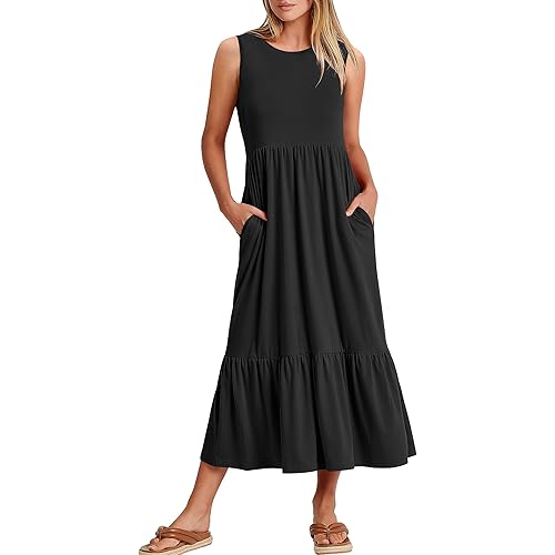 ANRABESS Women Summer Casual Sleeveless Crewneck Sundress Aline Flowy Tiered Maxi Long Beach Dress Vacation Outfits