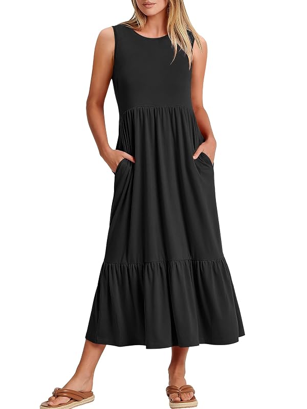 ANRABESS Women Summer Casual Sleeveless Crewneck Sundress Aline Flowy Tiered Maxi Long Beach Dress Vacation Outfits X-Large Black by ANRABESS - Used condition - US$26.99