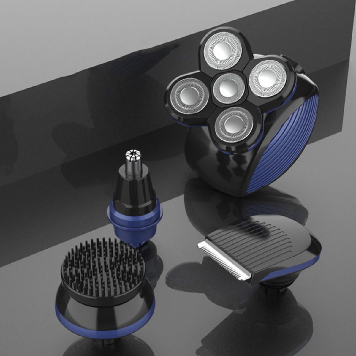 Rasoio Elettrico da Uomo 5 Lame Ipx5 Testina Regolabile, Ricarica USB Rapida, Macchina per Taglio Barba e Chioma Portatile Blu