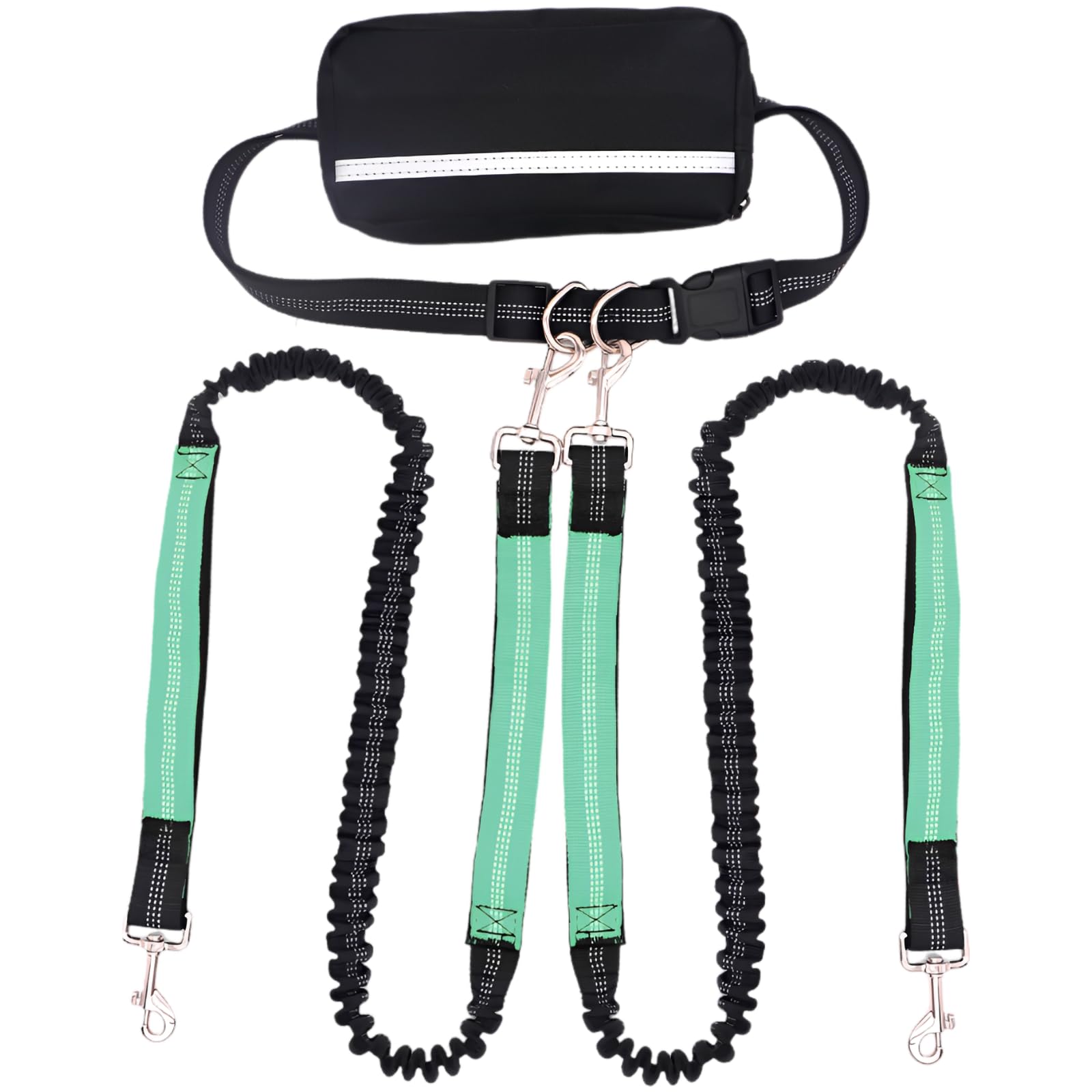 Guinzaglio libero per cani con tasca, doppio guinzaglio per 2 cani, estensibile, cintura in vita regolabile, riflettente, nylon resistente, verde