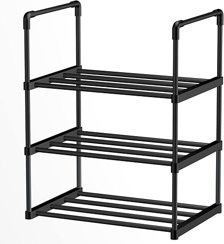 Pyladea Zapatero de 3 niveles de 8 a 16 pares, organizador de zapatos resistente negro para armario, almacenamiento de zapatos