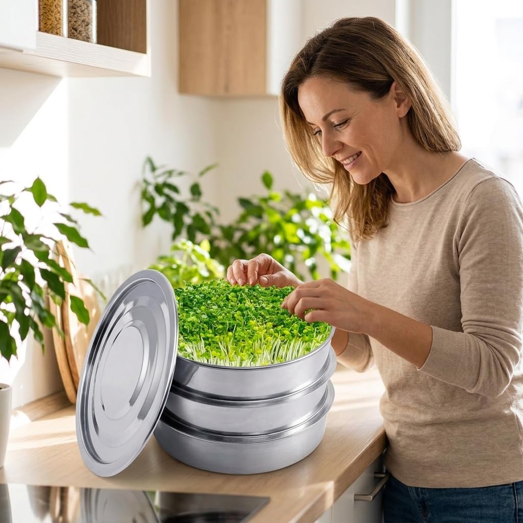 Edelstahl Sprossen Anzuchtset 2 Etagen – Keimschalen für Sprossen, & Microgreens Anzuchtschalen mit Deckel, Großes Set