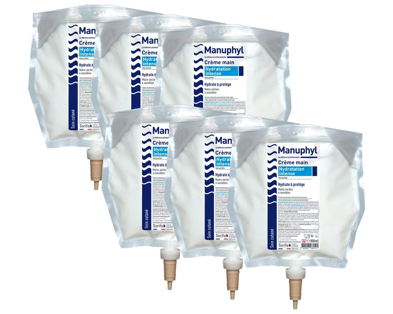 Set di 6 mani Manuphyl Crema Idratazione Intensa - Idratante e protettivo - Mani secche e sensibili - Non grassa, senza profumo, arricchito con allantoine e proteine del grano - Tasca 800 ml