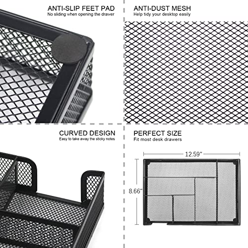 Rosrose Desk Drawer Organizer Tray, Metal Mesh Drawer, Office Drawer Organizer W/6 Compartment, Pen Pencil Desk Organizer Tray Desktop Storage Box For Office Home School, 12.6 X 8.7 X1.8In, Black #TOP3