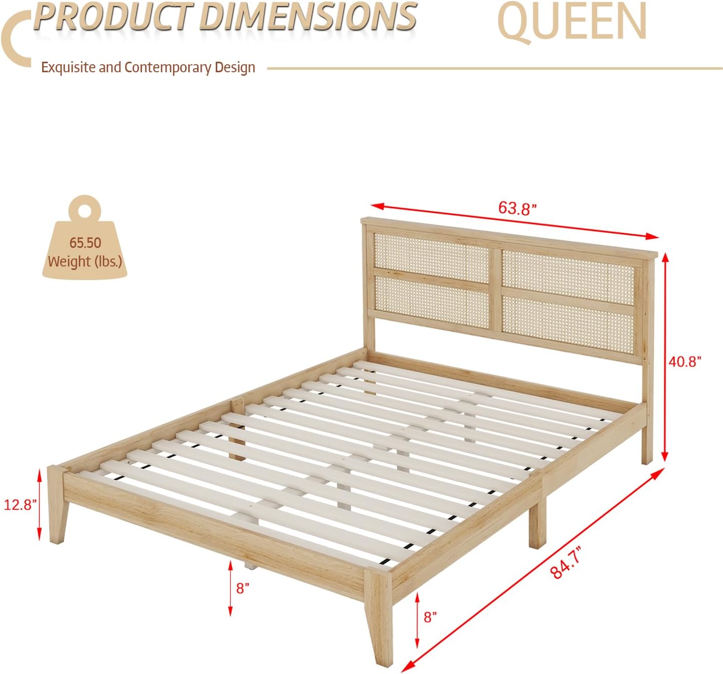 anwickjeff Boho Queen Size Bed Frame with Natural Rattan Headboard, Wooden Platform Bedframe, Under Bed Spacious Storage, No Box Spring Needed (Natural, Queen)