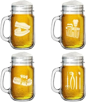 16oz Mason Jar Glass Mug w/Handle Dental Dentist Collection 1 Gift Set of 4