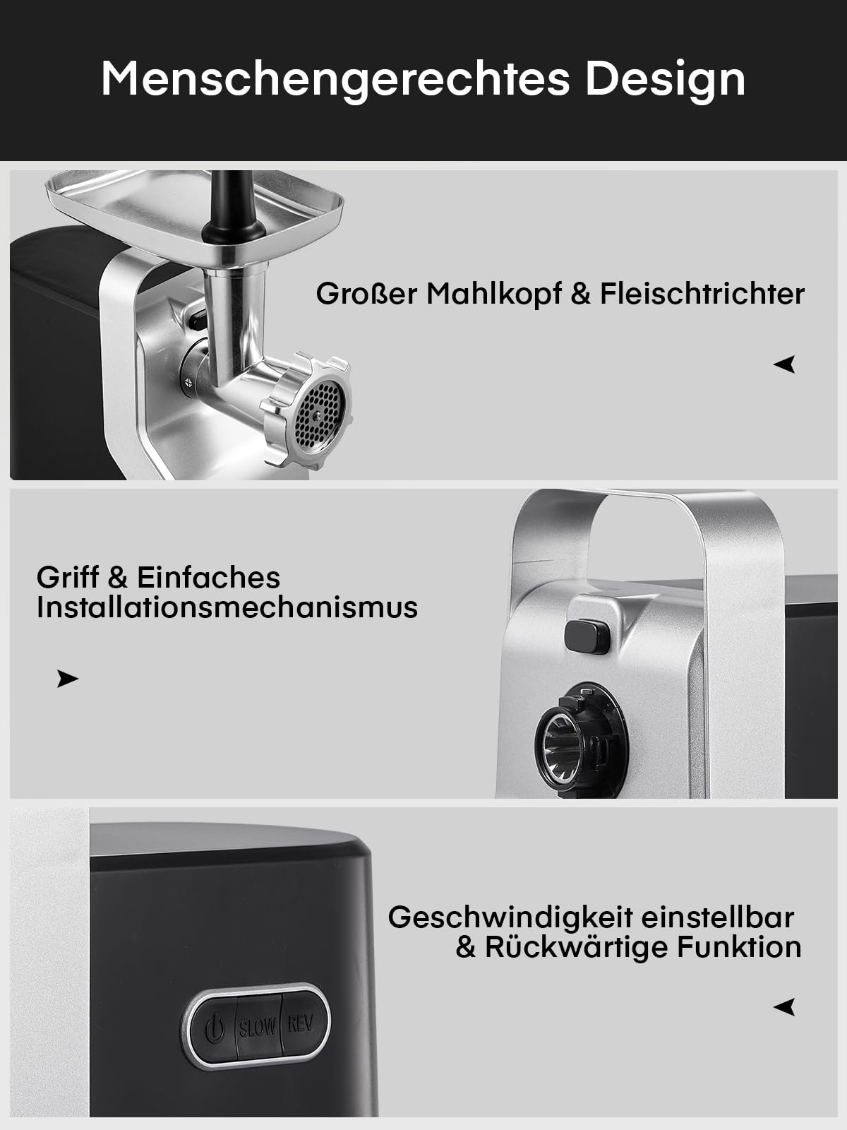 Fleischwolf Elektrisch, HOUSNAT 5 in 1 Elektrischer Fleischwolf, 700W 2800W Max Blockierleistung, mit 3 Edelstahl Loch-Scheiben(3/5/7mm) & 4 Kegel-Klingen, Wurstaufsatz, Kubbe-Aufsatz, Schwarz