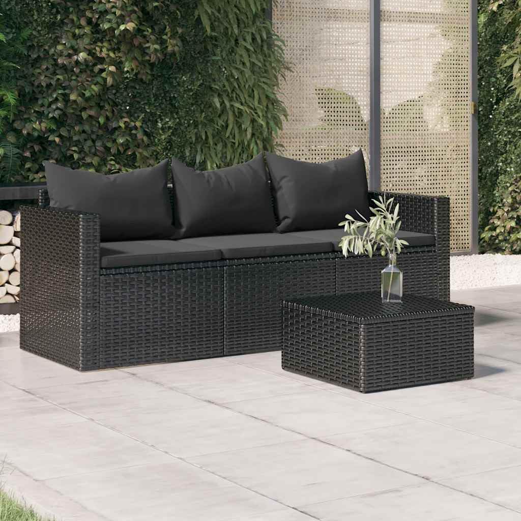 Canapé de jardin 3 places résine tressée noir avec coussins