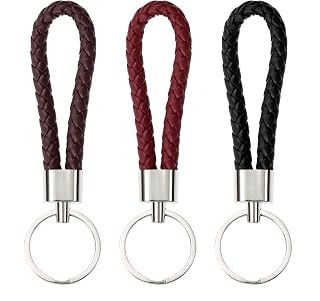 PPhtony Braided Leather Key Fob Keychain - Woven Strap Car Key Ring for Men Women, Pack of 3 Birthday Christmas Gifts