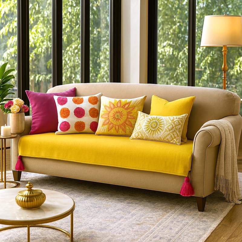 Image of Light Yellow U-Shape Fully Covered Sofa Cover Set for 11 Seater | 4+3+4 Sofa with Tassels | Anti-Slip Seat & Back Cover Set of 6 | Multicolour Boho Corner Tassels Sofa Throw | Festive Sofa Cover