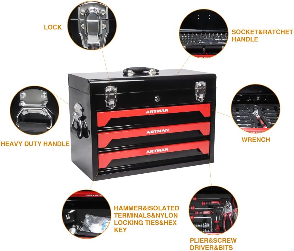 20'' Portable 3-Drawer Steel Toolbox, 4 Layers of Tools with Metal Latches, with Top Storage Tray and carrying Handle, Multi-Function Tool Storage for Garage, Home, or Workbench,Black&Red (Red)