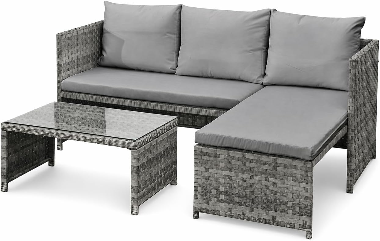 DANIEL JAMES Housewares Florence 3-Seater Rattan Garden Furniture Set with Table – Comfortable Chaise Corner Sofa with Tempered Glass Table for Outdoors, Patio, Decking, Conservatory & Balcony – Grey