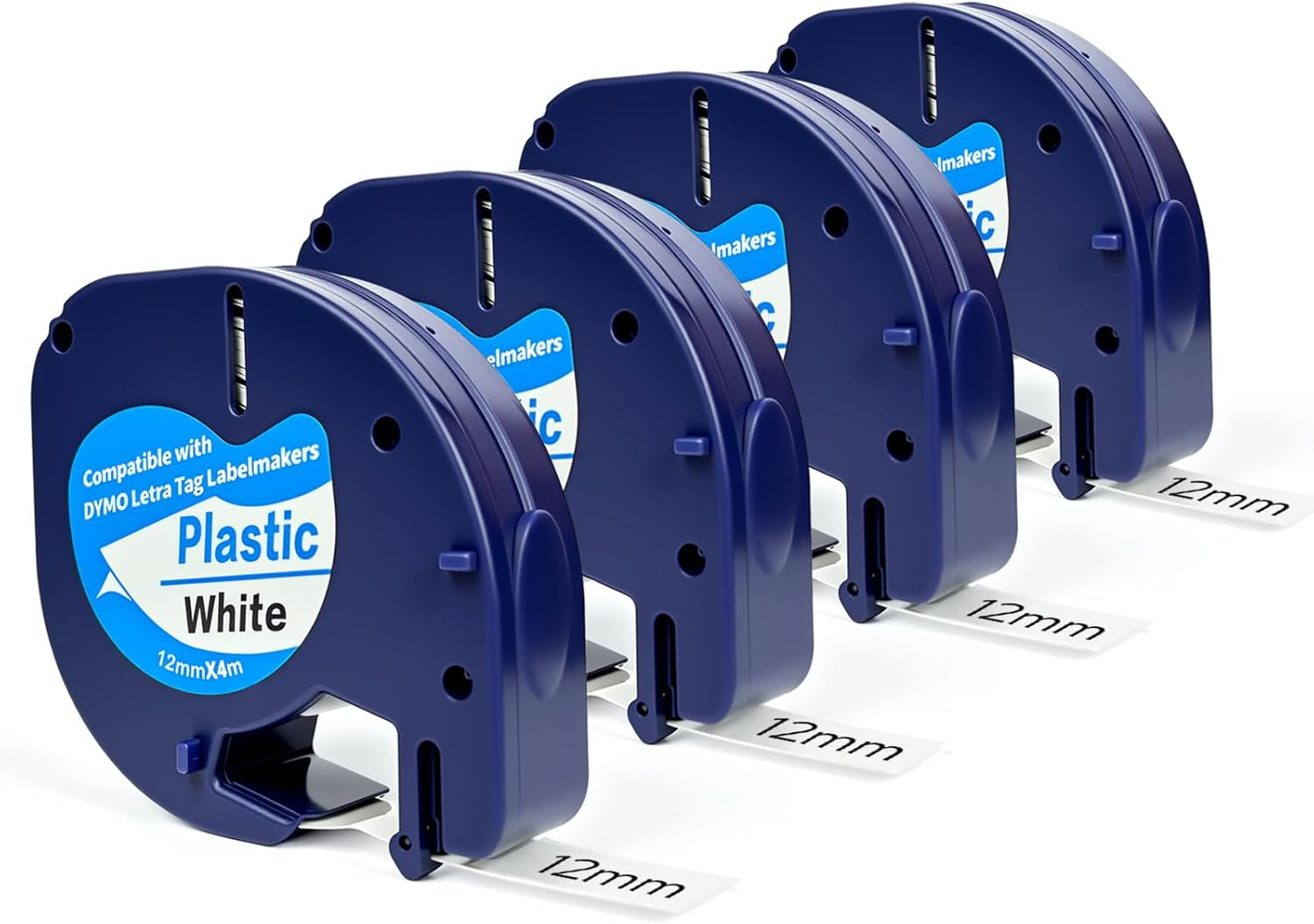 4-Pack Compatible with Dymo Label Maker Refills 91331 White Plastic Label Maker Refills for Labeler Letra Tag 200b Lt 100h 100t Plus, 12mm X 4m (1/2" X 13') Tape for Dymo Letratag Refills