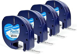 4-Pack Compatible with Dymo Label Maker Refills 91331 White Plastic Label Maker Refills for Labeler Letra Tag 200b Lt 100h 100t Plus, 12mm X 4m (1/2" X 13') Tape for Dymo Letratag Refills