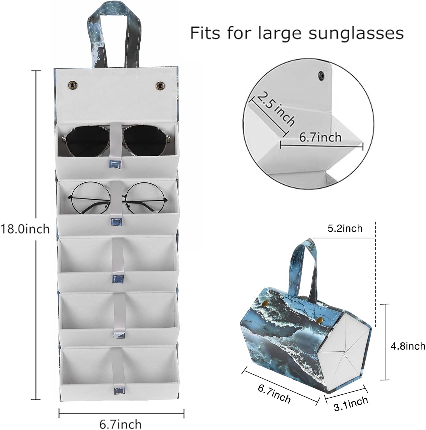 MEGREZ 5 Slots Sunglasses Organizer Box, PU Leather Foldable Woman Eyeglass Case Eyeglass Organizer Storage,Sunglass Holder image 3