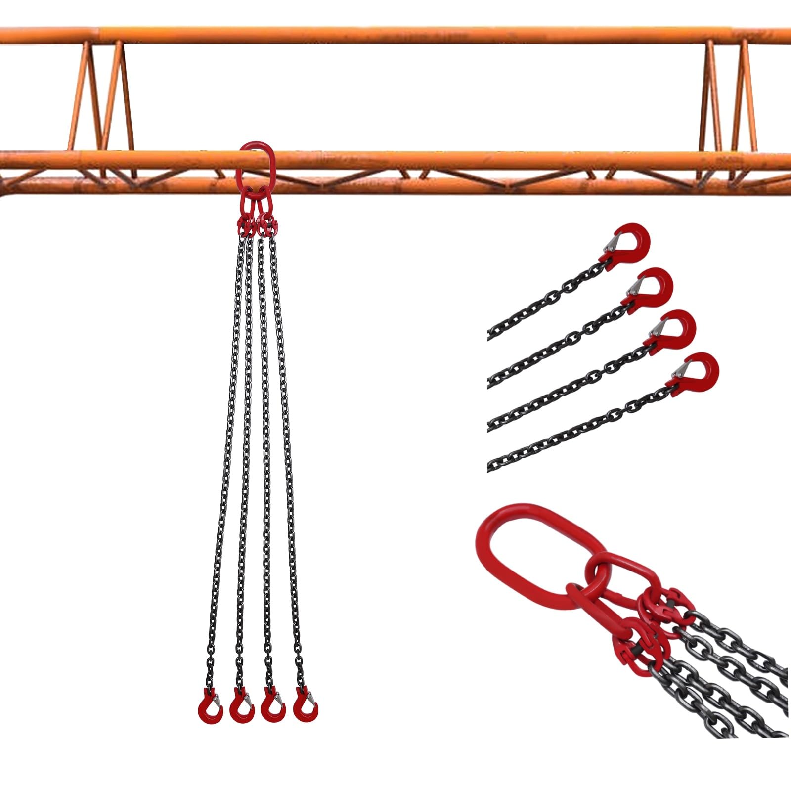 Cadena de 4 hebras G80 5T | Ø 8 mm de cadena de tope con gancho de horquilla & cierre de seguridad | 1,5 m de cadena de elevación para bosque/grúa | alta resistencia a la grúa | resistente al calor 4