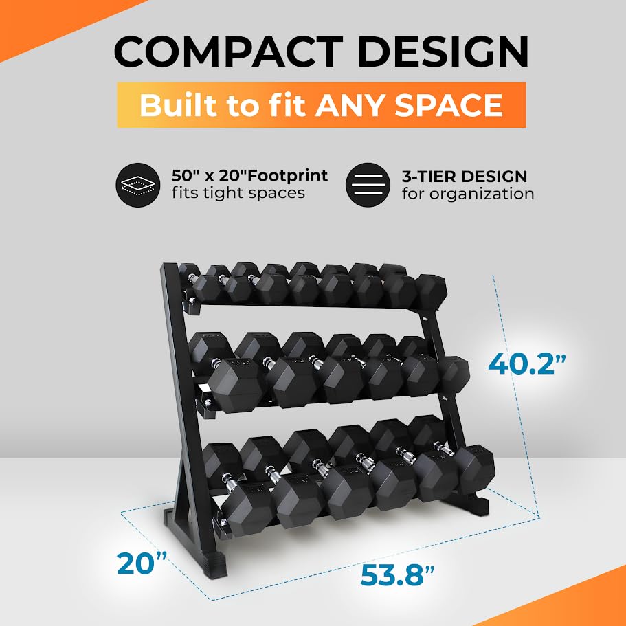 Image of Rubber Hex Dumbbell Set with Rack, 8 /10 /12 /15 /20 Pair (450 /550 /780 /1200 /1550 /2100 lbs total) Weight Rack with Dumbbells for Home Gym & Strength Training