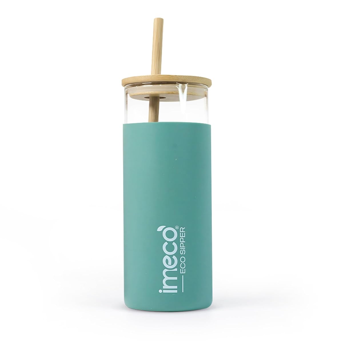 IMECO ECO Sipper Glass Sipper Bottle with Stylish Bamboo Lid & Straw 450ml