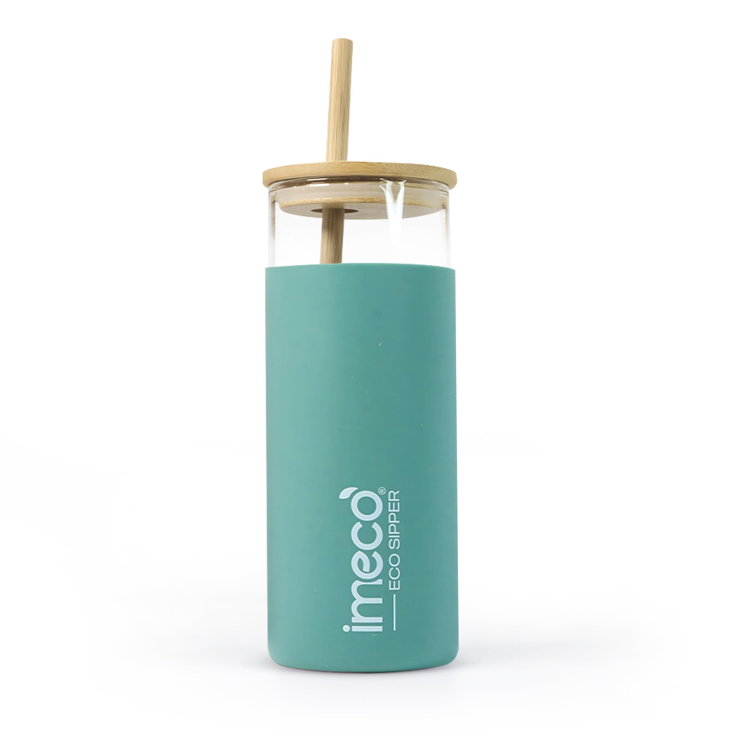 IMECO ECO Sipper Glass Sipper Bottle with Stylish Bamboo Lid & Straw 450ml