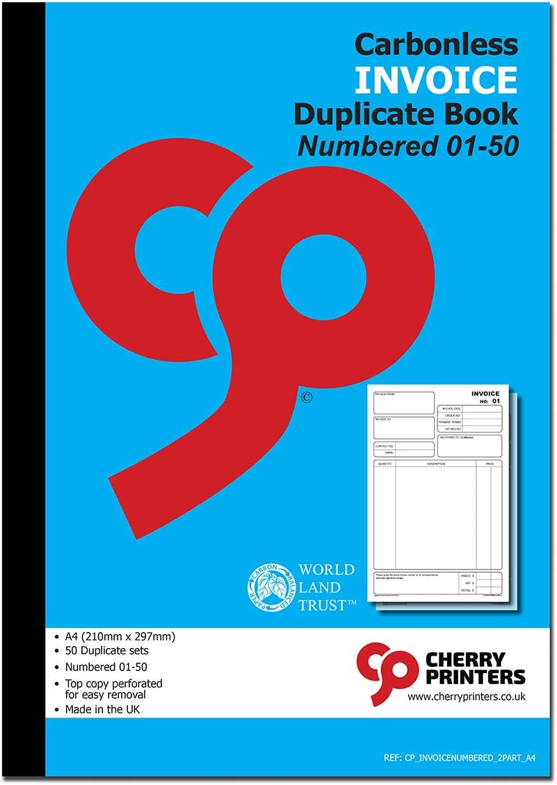 Cherry Carbonless NCR Invoice Book | Duplikat książki | A4 | 50 zestawów | ponumerowane 01-50 | Idealny dla samozatrudnionych, małych i większych firm |