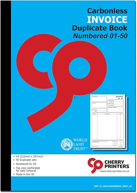 Cherry NCR Invoice Duplicate Book, A4, 50 Sets, Numbered 01-50